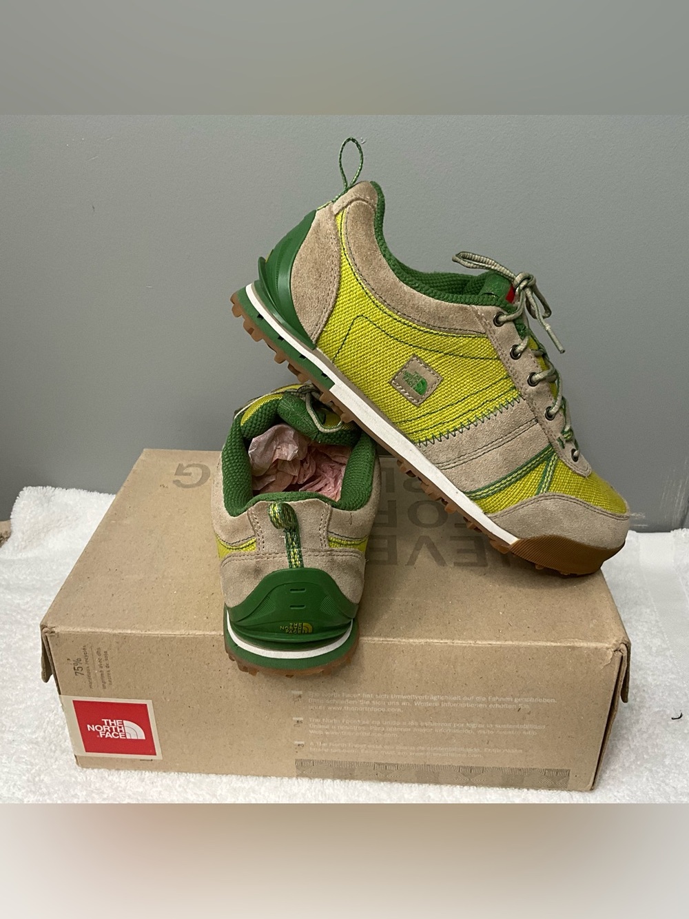 The North Face Men's Green and Tan Trail Sneakers with Yellow Panels